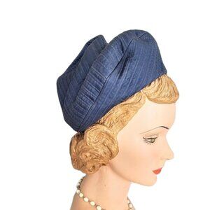 1960s Blue Fabric Vintage Tall Structured & Formed Turban Style Pillbox Hat